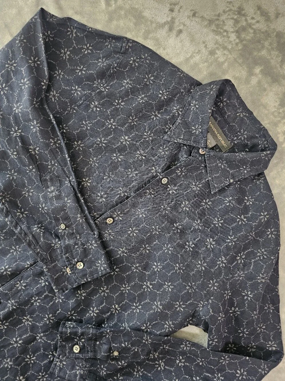 Vintage‎ Banana Republic 100% Linen Button Up Shirt Men's M Geometric Navy